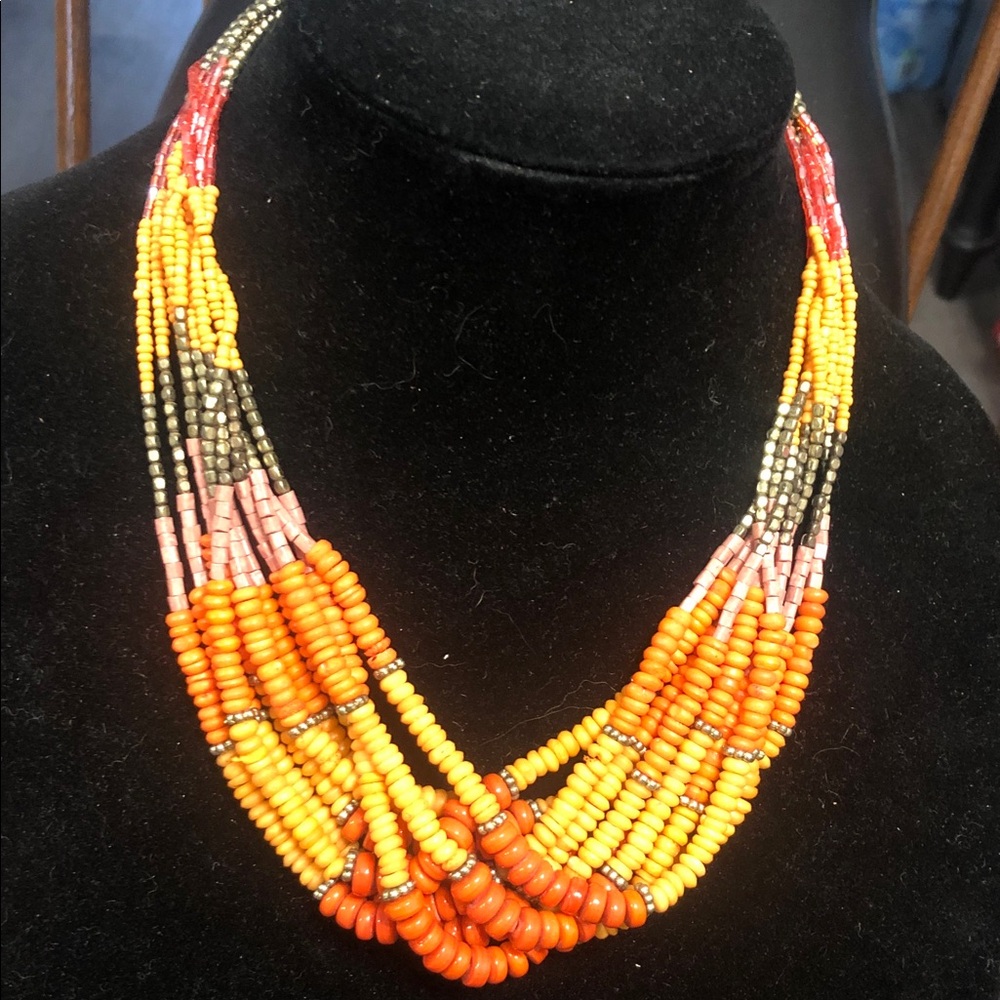 Chico's Multi-Strand Beaded Necklace in Orange, Yellow and Pink